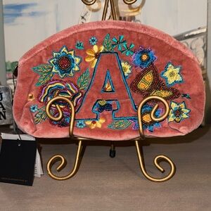 Floral Embroidered Velvet Pouch - Coral